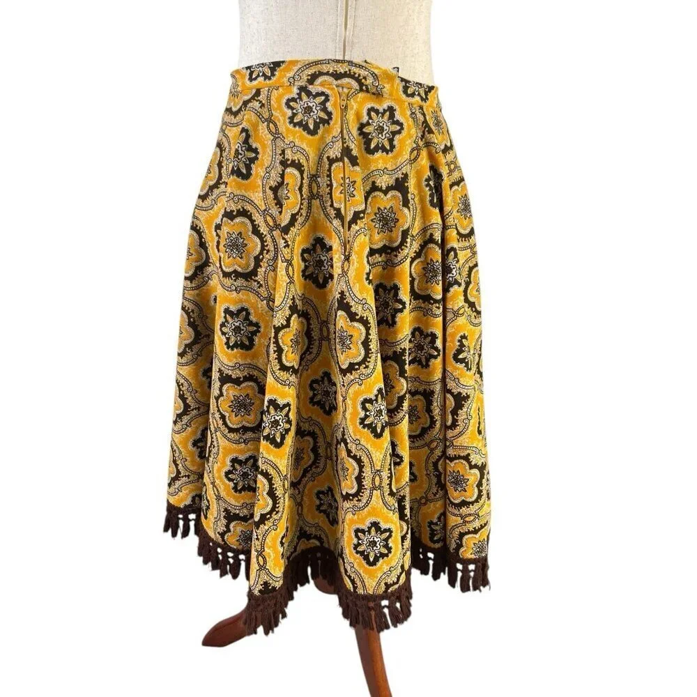 Vtg Midi Full Skirt Yellow Brown Tassels Waist 60s 70s Retro Talon Zipper